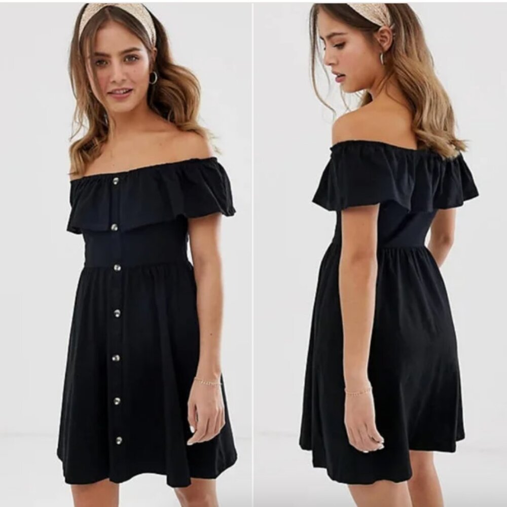 ASOS DESIGN Dress Black Off Shoulder Ruffle Button Through Size 0 Brand New